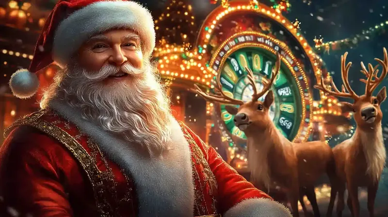 Papai Noel sorridente com barba branca ao lado de renas e roleta de cassino iluminada decoracao natalina