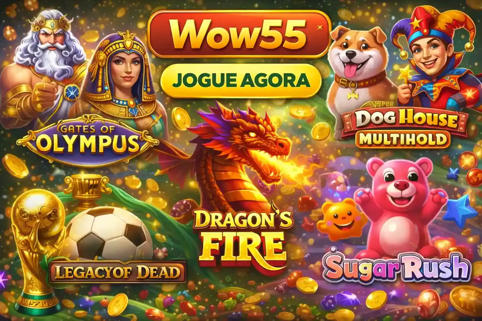 Colagem de slots populares Wow55 para jogadores do Brasil