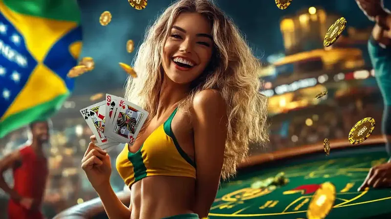 Mulher sorridente em top verde e amarelo segurando cartas de blackjack vencedoras com moedas voando