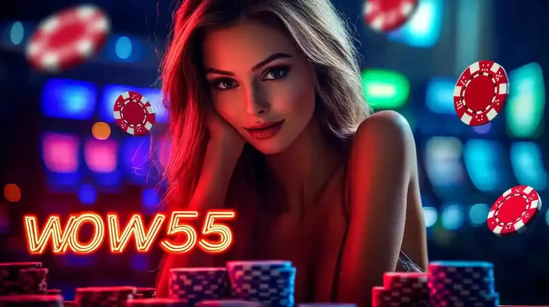 Logo WOW55 em neon vermelho sobre pilhas de fichas de cassino em ambiente escuro