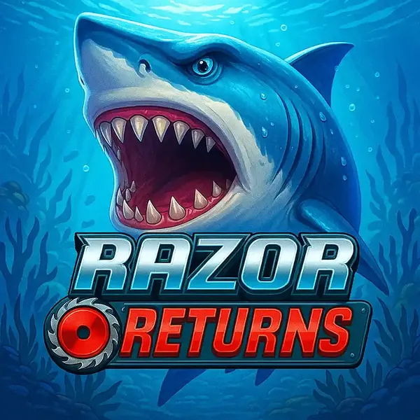 Slot Razor Returns com tubarao feroz de boca aberta mostrando dentes afiados em oceano azul profundo