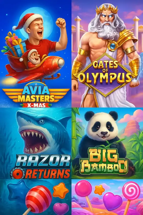 Colecao de seis slots populares incluindo Avia Masters natal Gates of Olympus Razor Returns Big Bamboo e Sweet Bonanza