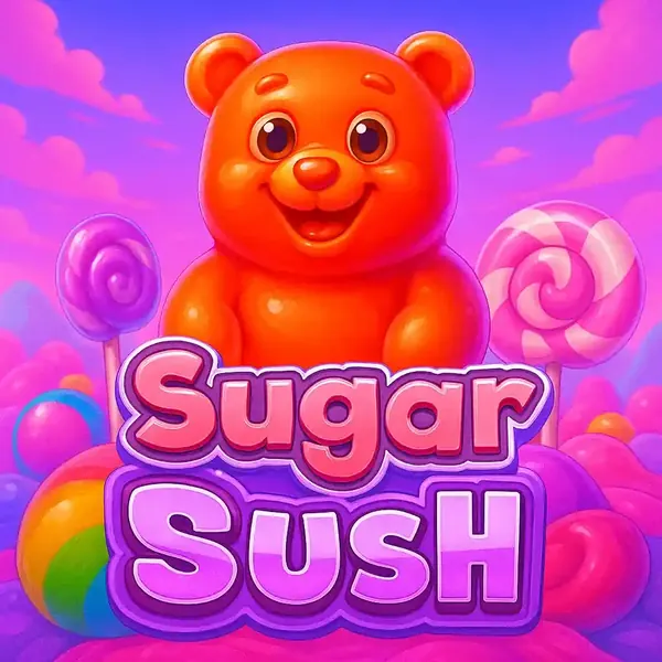 Slot Sugar Sush com urso de goma laranja e doces pirulitos coloridos em fundo rosa e roxo