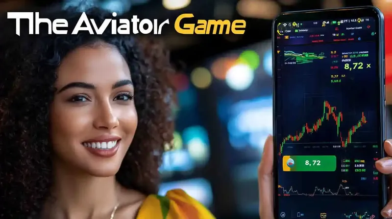 Mulher sorridente mostrando smartphone com jogo Aviator exibindo multiplicador de oito virgula setenta e dois vezes