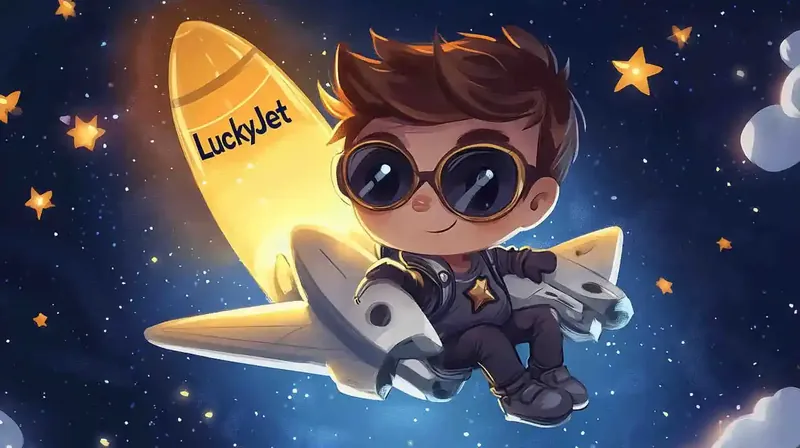 Personagem infantil animado com oculos pilotando aviao dourado LuckyJet entre estrelas no ceu noturno