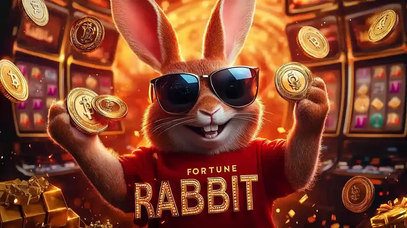 Coelho marrom com oculos escuros comemorando com moedas bitcoin voando e slots ao fundo Fortune Rabbit