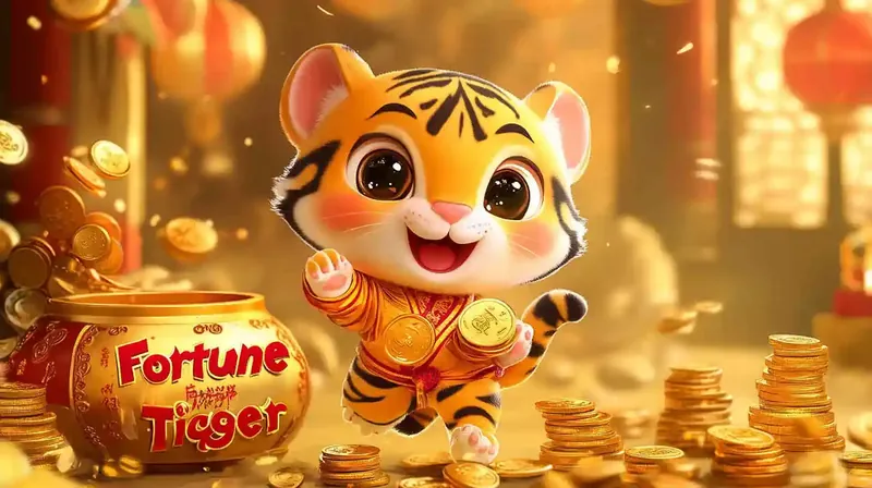 Tigre filhote fofo com pote dourado Fortune Tiger cercado por pilhas de moedas douradas brilhantes