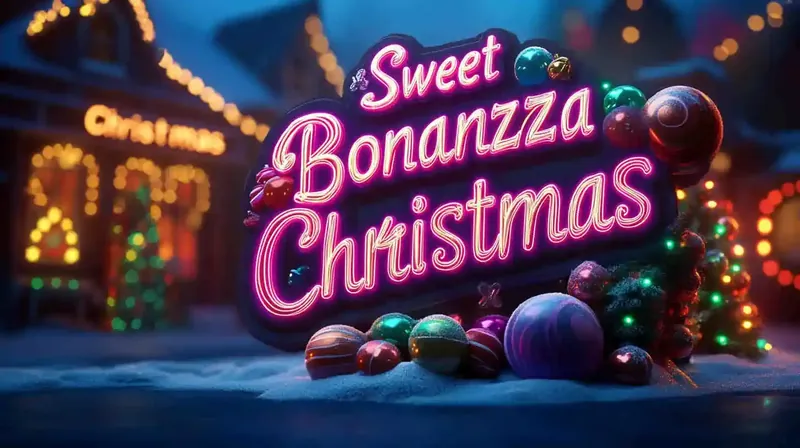 Letreiro neon rosa Sweet Bonanzza Christmas com bolas decorativas coloridas e luzes natalinas ao fundo