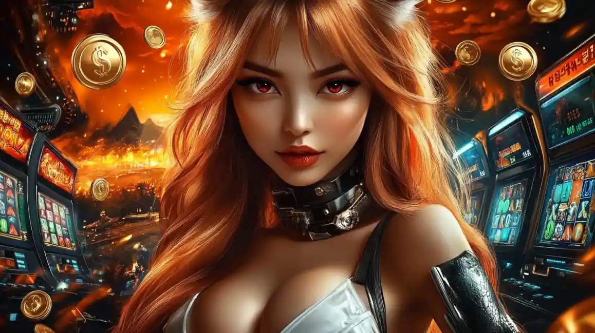 Garota anime em cassino futurista com máquinas e moedas douradas