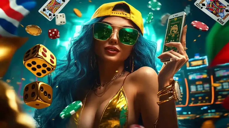 Jogadora de cabelo azul com oculos dourados segurando celular com jogo de cassino e dados voando