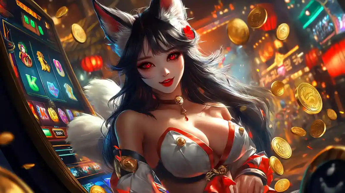 Personagem estilo anime em cassino noturno com moedas voando