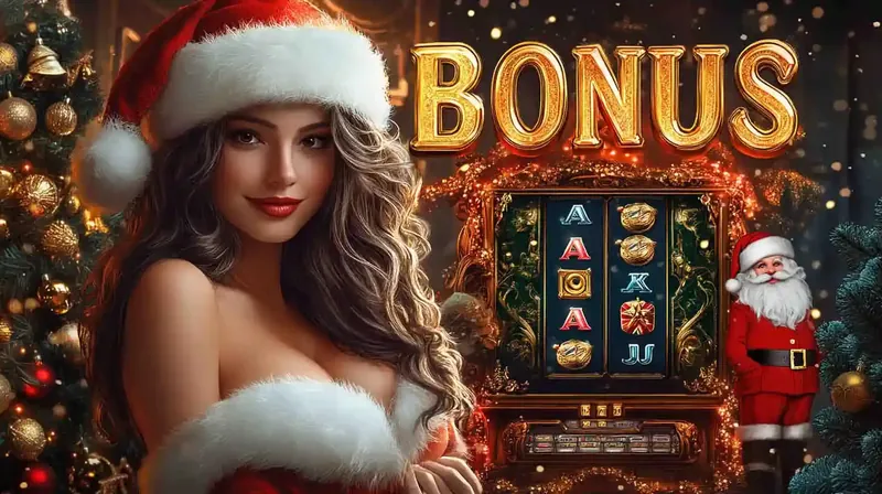 Mulher em traje natalino ao lado de slot machine tematica de natal com bonus dourado
