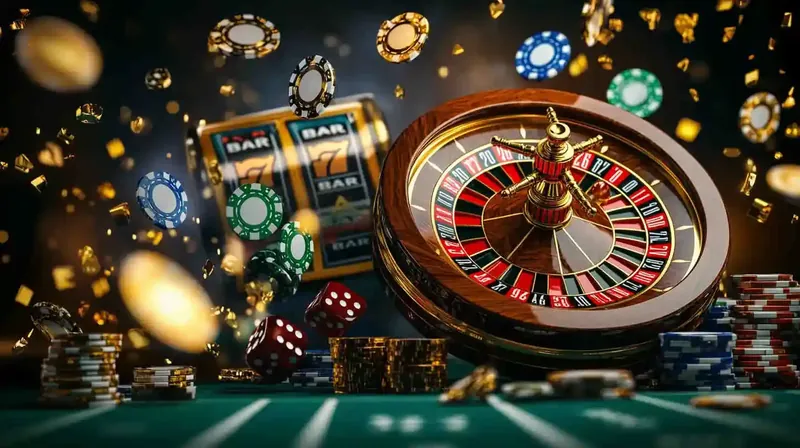 Mesa verde de cassino com roleta slot machine dados e fichas coloridas voando