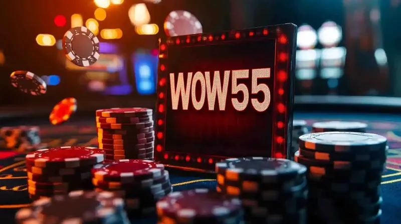 Tablet mostrando logo WOW55 iluminado cercado por fichas de cassino coloridas em movimento