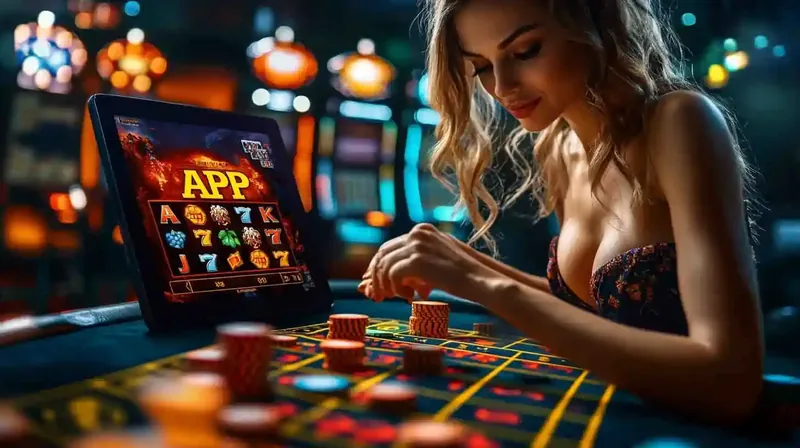 Mulher elegante jogando em tablet com app de slots em ambiente de cassino iluminado