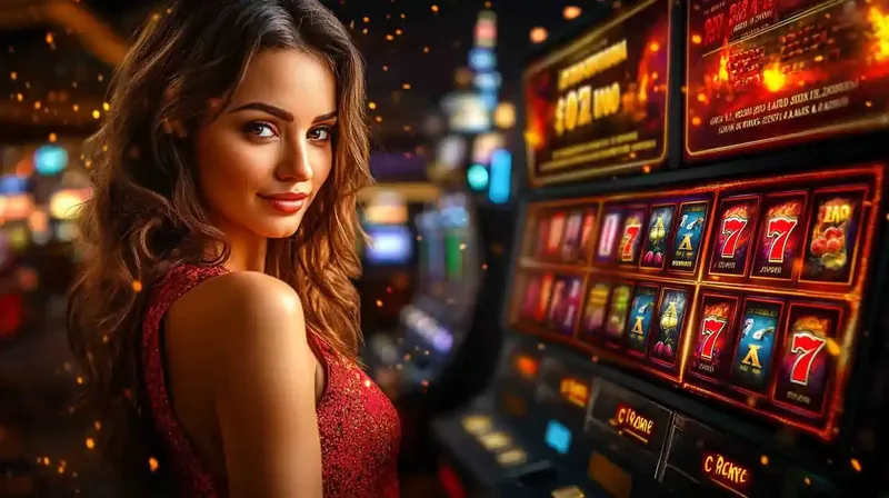 Mulher glamorosa em vermelho ao lado de slot machine mostrando combinacao de sete com jackpot