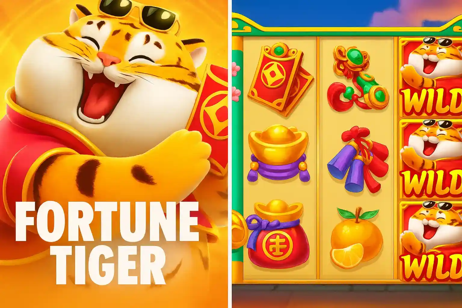 Tigre Fortune Tiger sorrindo com cartas douradas e fundo brilhante
