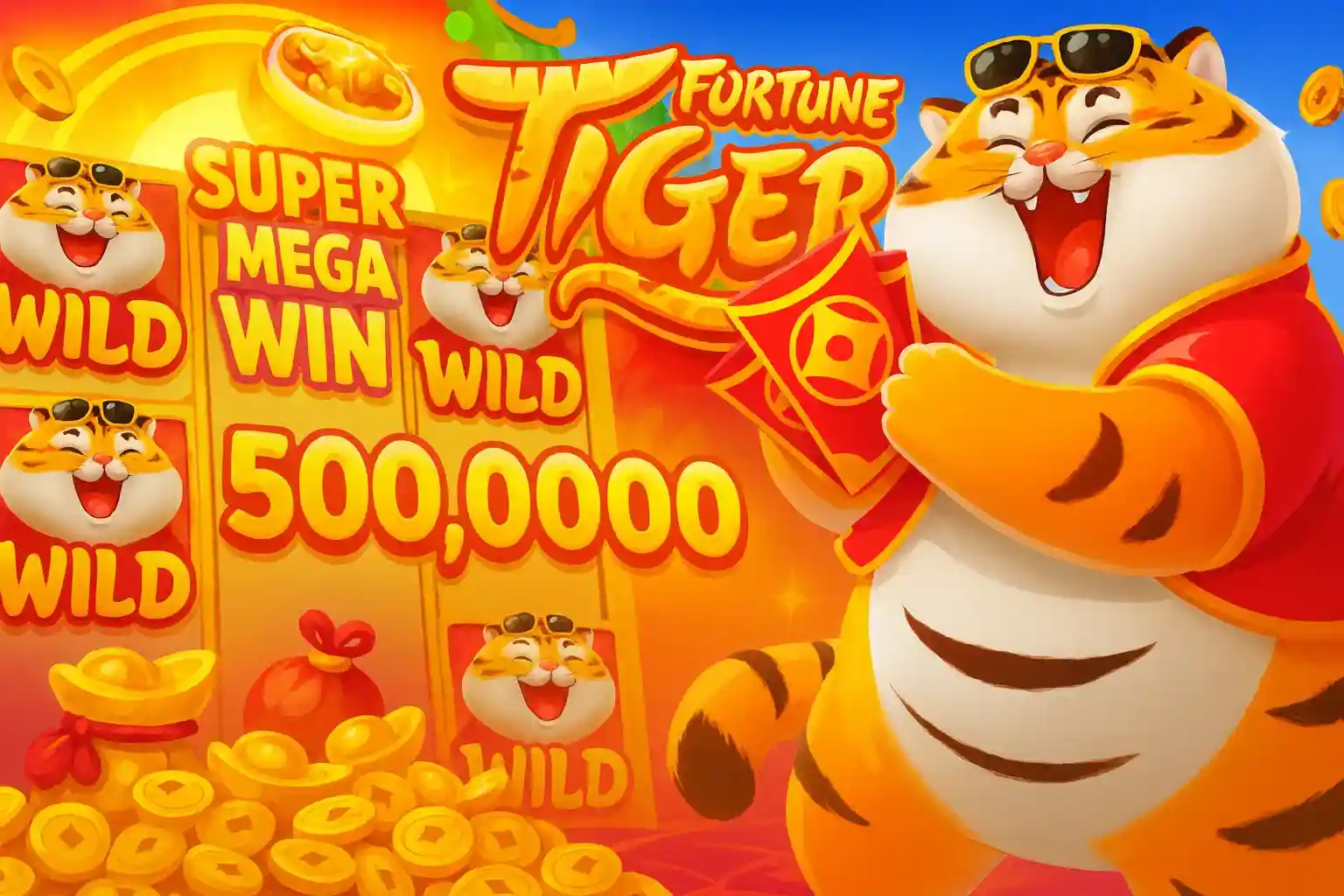 Slot Fortune Tiger mostrando super mega win com símbolos wild e ouro