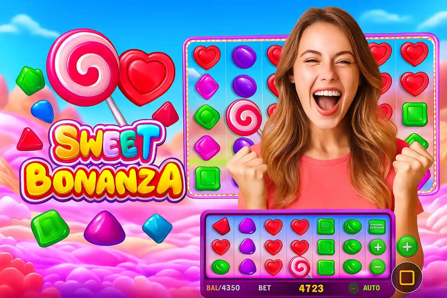 Mulher comemorando ganhos no Sweet Bonanza com símbolos doces