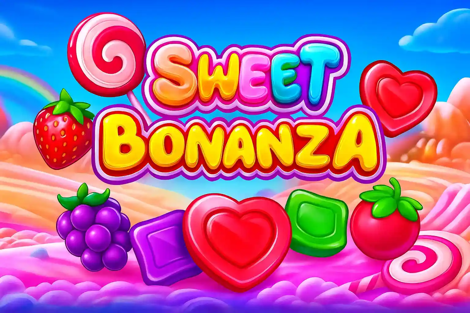 Logo Sweet Bonanza com doces coloridos, frutas e fundo de nuvens