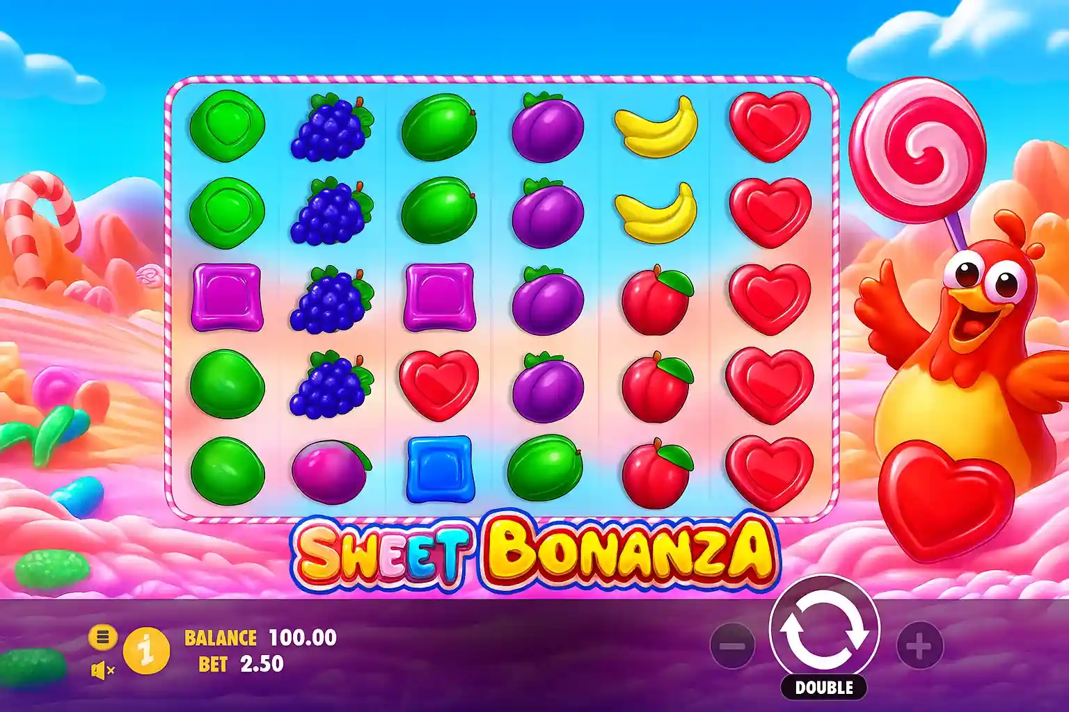 Interface do slot Sweet Bonanza com frutas, corações e multiplicadores